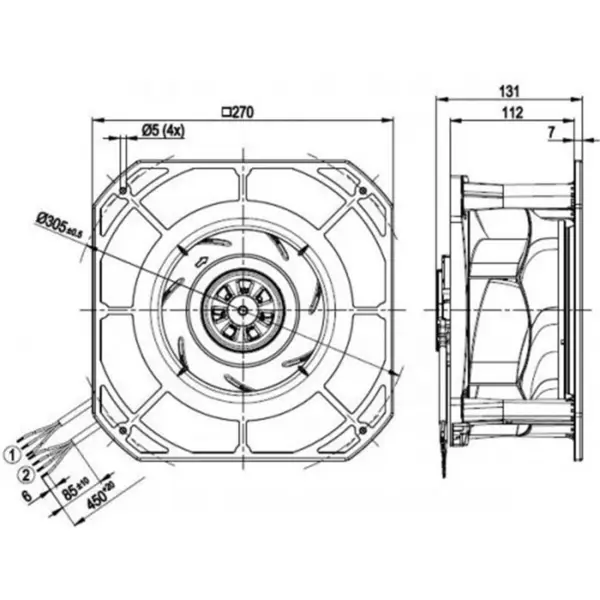 Ebmpapst k3g225-re07-03 230VAC 270x270x131mm 170W 1.4A 705m3/h Ball Bearing IP54 EC Centrifugal Blower Fan
