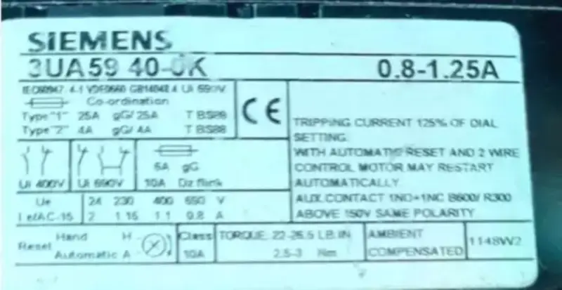 Siemens 3UA5940-0K Thermal Overload Relay