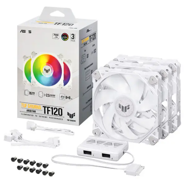 AsUs Tuf Gaming White Heroic Light Tf120 Kasa Fanı 3 Adet Argb Fan, Aydınlatma Efekti Kontrol Cihazı ile Tuf Gaming Tf120 Argb 3in1